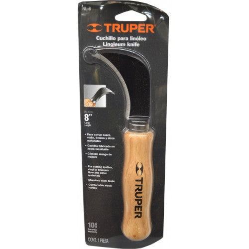 Truper Lino Knife with 7 1/2-inch stainless steel blade and wooden handle for precise cutting in crafts.