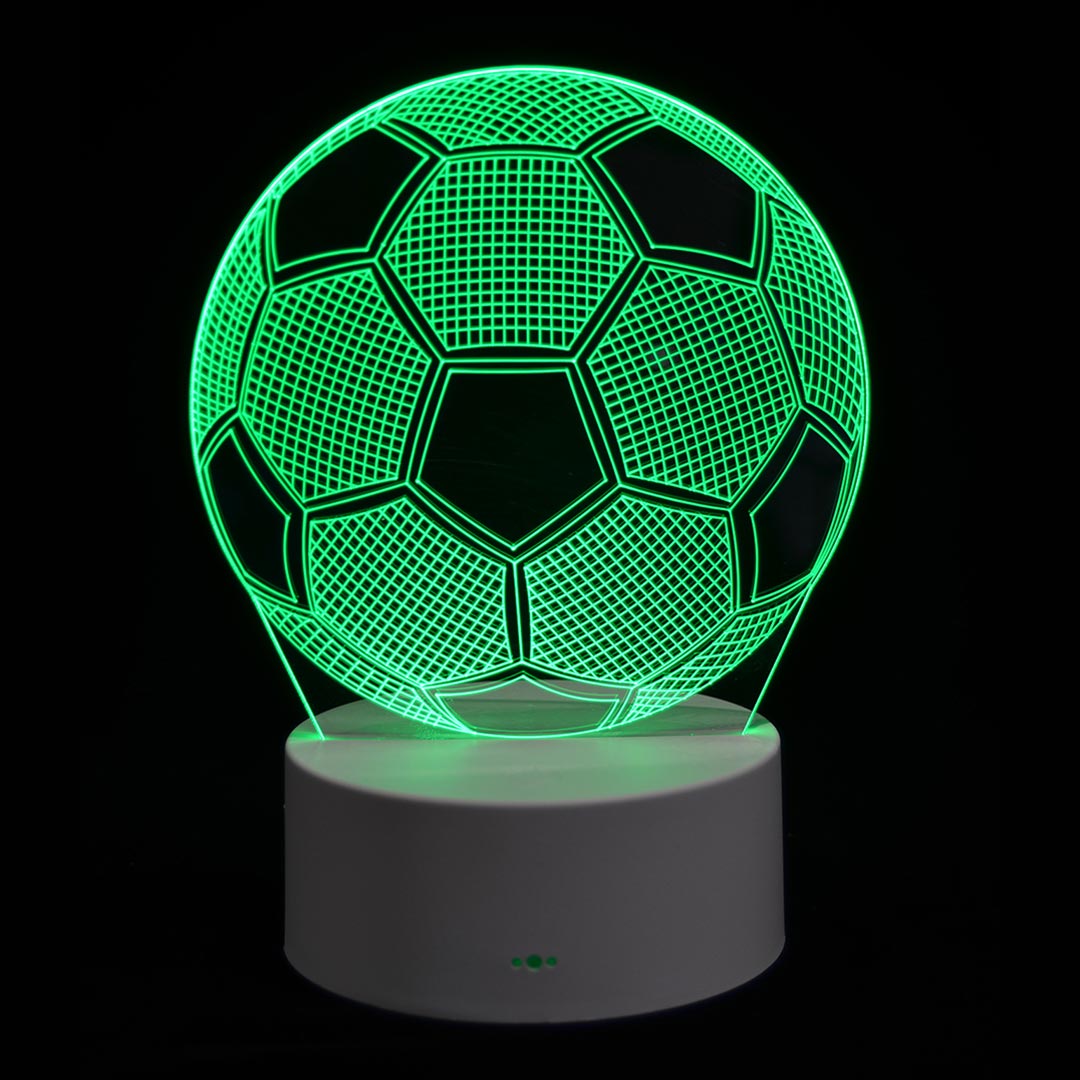 Soccer ball LED night light in vibrant colors, ideal for kids' rooms, features touch control and energy-efficient glow.