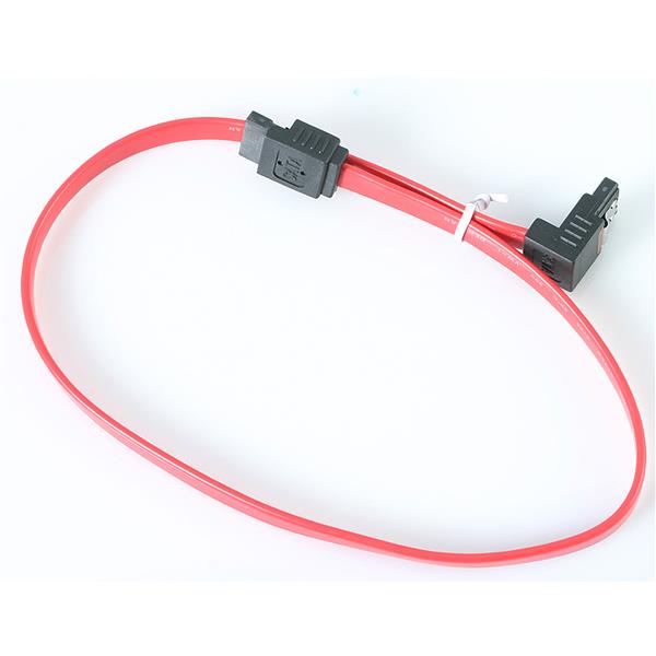 18in right angle SATA cable with latching connectors for optimized space, performance, and secure connections.