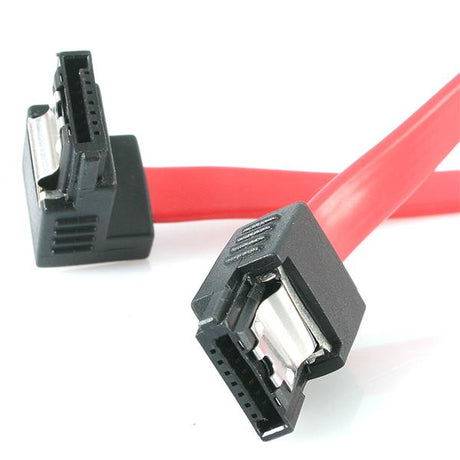 18in right angle SATA cable with latching connectors for secure data transfer and optimized space efficiency.