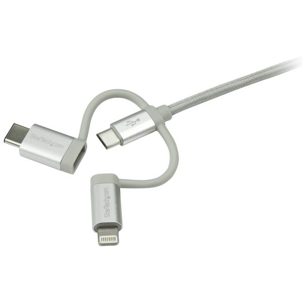 3-in-1 USB multi-charger cable with Lightning, USB-C, and Micro-B connectors, 1m long, tangle-free, durable design.