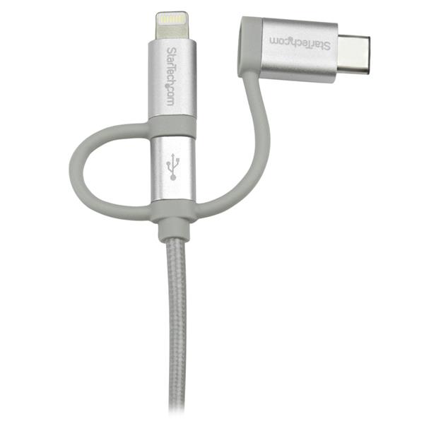 3-in-1 USB multi-charger cable with Lightning, USB-C, and Micro-B connectors, 1m long, braided for durability.