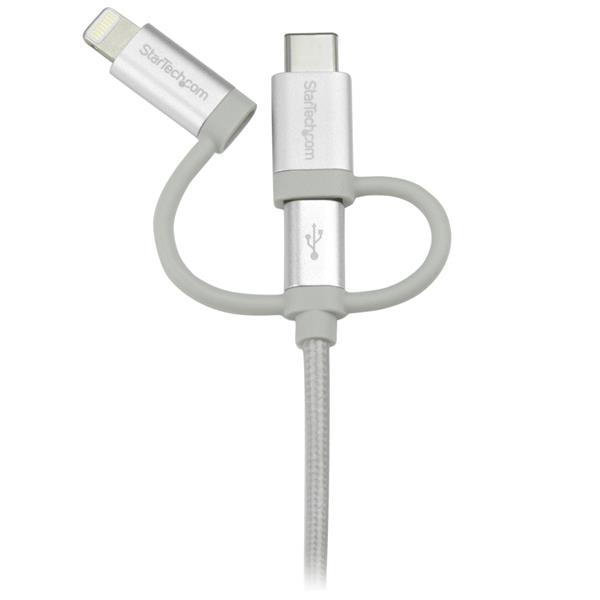3-in-1 USB Multi-Charger Cable with Lightning, USB-C, Micro-B connectors, 1m braided for fast and durable charging.