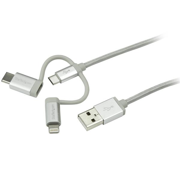 3-in-1 USB Multi-Charger Cable with Lightning, USB-C, and Micro-B connectors, 1m long and braided for durability.