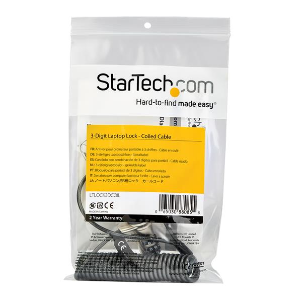 Laptop Combination Cable Lock - Self-Coiling Cable - 3-Digit