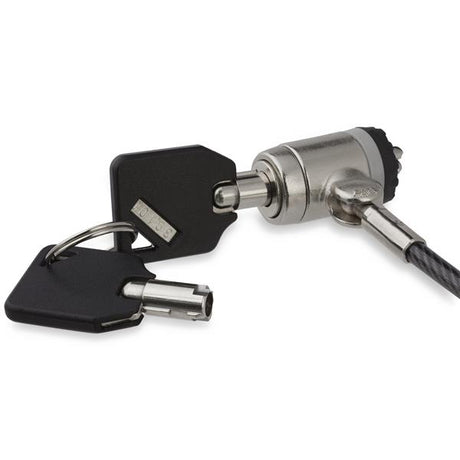 High-security 2m steel cable lock with push-to-lock for securing laptops and devices, includes 2 keys and swiveling joint.