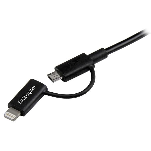 2-in-1 black 1m Lightning and Micro USB cable for efficient charging and syncing of Apple and Android devices.