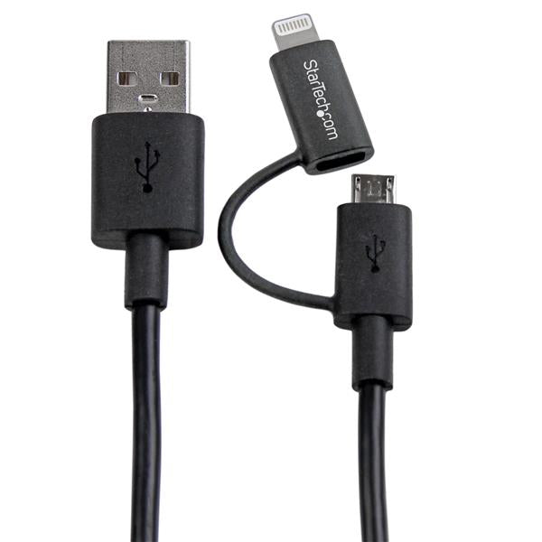 2-in-1 black charging and syncing cable with Apple Lightning and Micro USB connectors, 1m length for versatile device use.