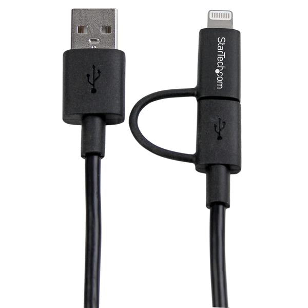 2-in-1 black cable for Apple Lightning and Micro USB, 1m length for convenient charging and syncing.