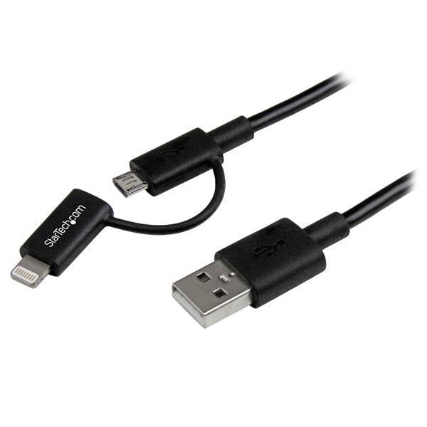 2-in-1 black charging and syncing cable with Apple Lightning and Micro USB connectors, 1m length for versatile use.