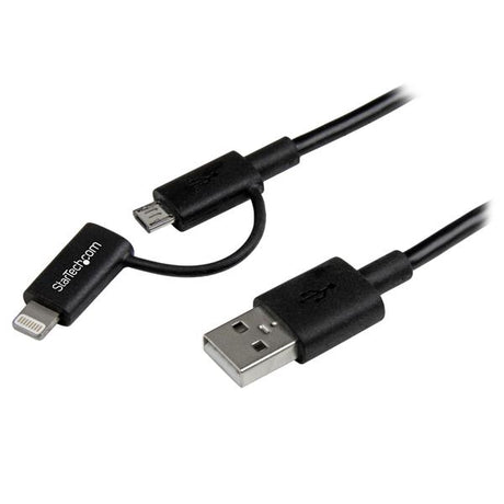2-in-1 black charging and syncing cable with Apple Lightning and Micro USB connectors, 1m length for versatile use.