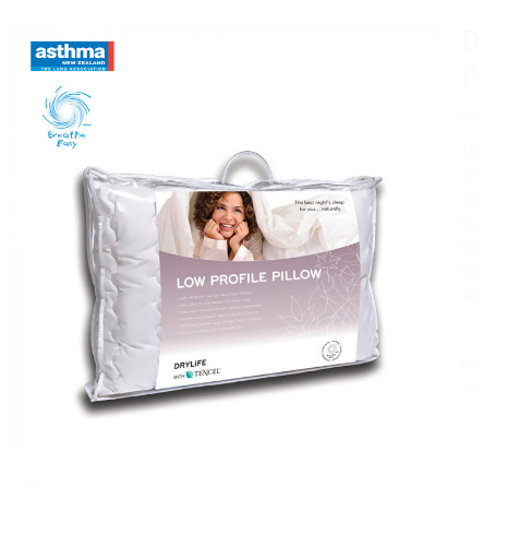 Drylife Lo Profile Pillow: hypoallergenic, low-profile design for back and stomach sleepers, with Tencel filling for moisture control.