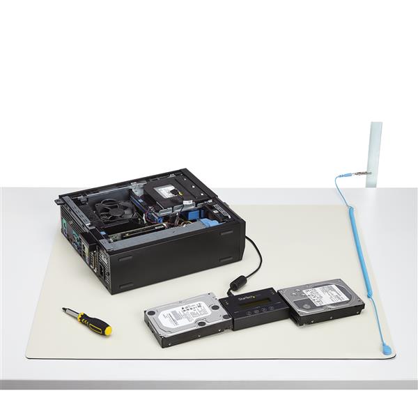 Beige anti-static desktop mat measuring 24x27.5 inches for protecting electronics from static electricity.
