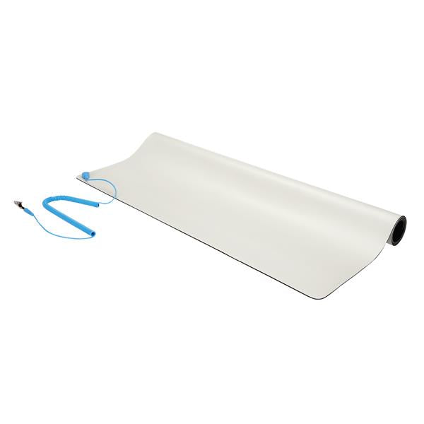 Beige anti-static desktop mat measuring 24x27.5in, protects electronics from static, complements office decor.