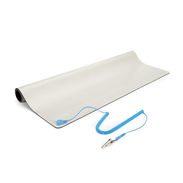 Beige anti-static desktop mat, 24x27.5in, protects electronics from static, ensuring a tidy workspace.