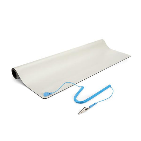Beige anti-static desktop mat, 24x27.5in, protects electronics from static, ensuring a tidy workspace.