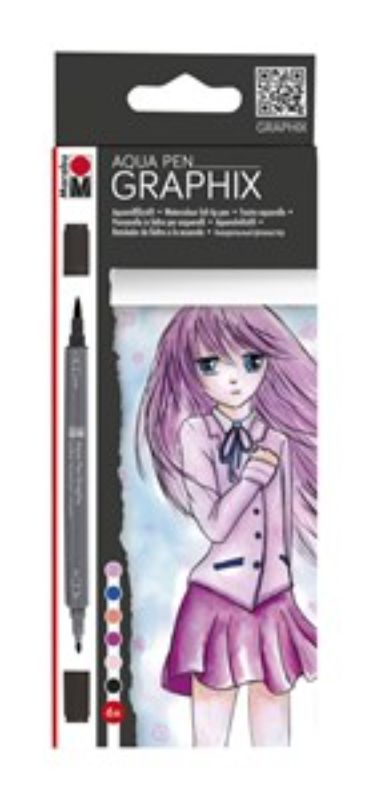 Marabu Aqua Pen Graphix set with 6 vibrant dual-tip watercolor pens for manga and illustrations.