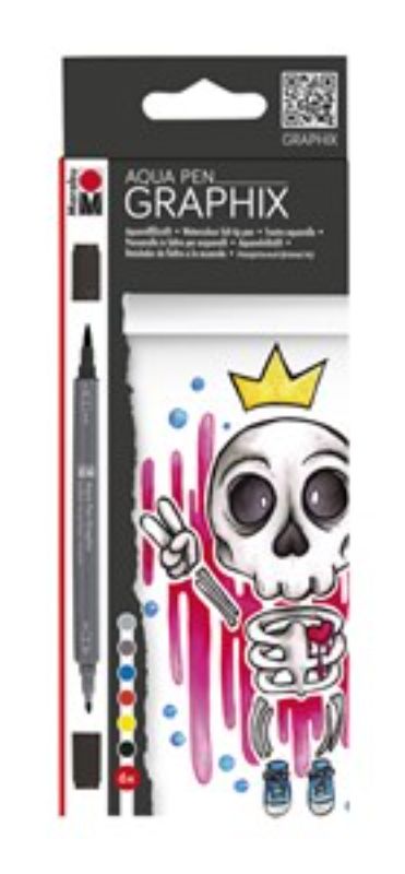 Marabu Aqua Pen Graphix set with 6 vibrant watercolour pens, featuring double tips for precision and blending techniques.
