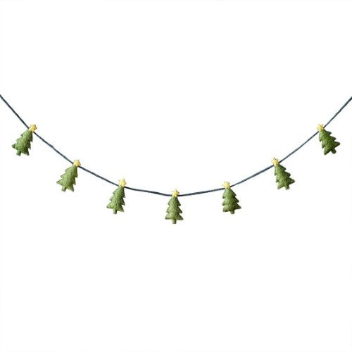 Colorful felt tree bunting garland, 1.5m long, with 75 festive shapes strung on teal twine for holiday decorating.