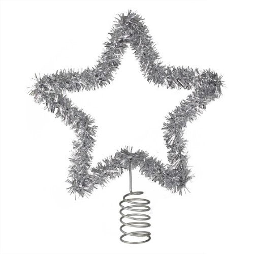 Silver tinsel star tree topper measuring 20cm, adding elegance and sparkle to Christmas trees for a festive touch.