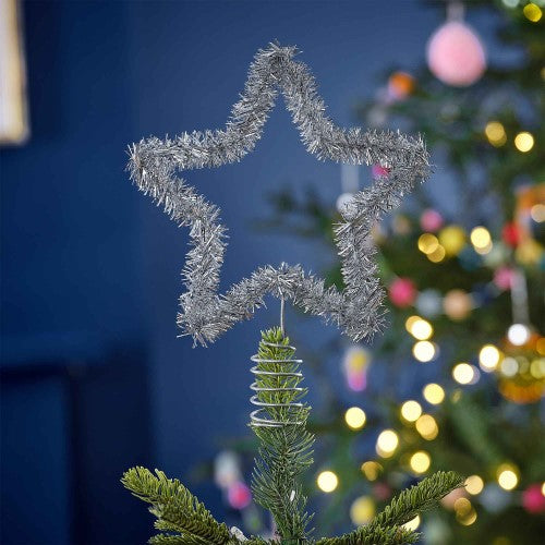 Silver tinsel star tree topper measuring 20cm, perfect for adding elegance to any Christmas tree decor.