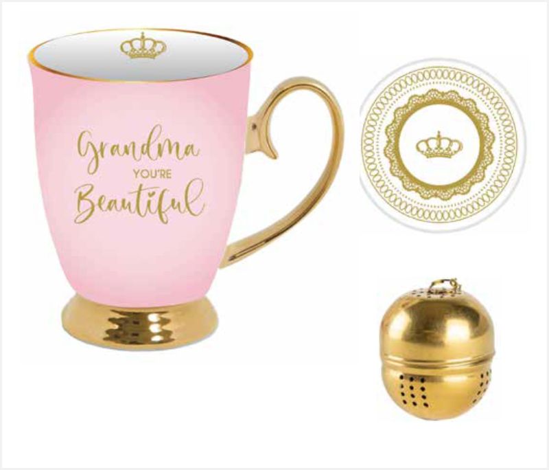 Grandma You're Beautful Mug Set With Tea Strainer & Dish