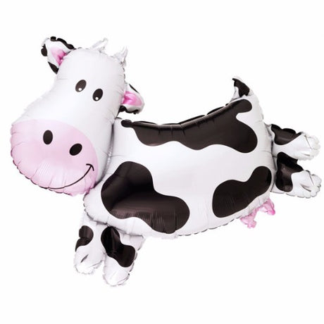 Balloon-shaped black and white cow foil balloon, 76cm x 71cm, self-sealing, helium inflation required.