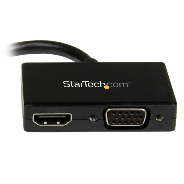 Compact 2-in-1 Mini DisplayPort to HDMI and VGA adapter, ideal for seamless travel connectivity and high-quality presentations.