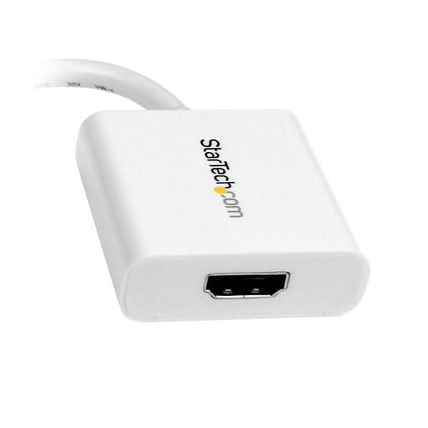 Mini DisplayPort to HDMI adapter in white for 1920x1200 resolution, supports audio pass-through for seamless multimedia experience.