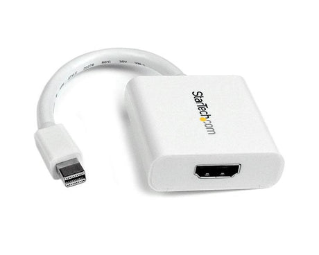 Mini DisplayPort to HDMI adapter in white, supports 1920x1200 resolution and audio pass-through for seamless connectivity.