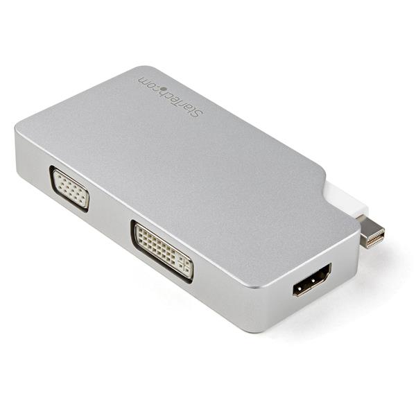3-in-1 Mini DisplayPort adapter with HDMI, VGA, DVI outputs; supports 4K Ultra HD, sleek aluminum design for travel.