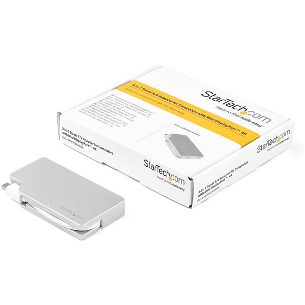 3-in-1 Mini DisplayPort adapter with HDMI, VGA, DVI outputs; supports 4K Ultra HD, ideal for travel and professional use.