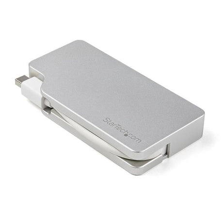 3-in-1 Mini DisplayPort adapter in aluminum, connects HDMI, VGA, DVI with 4K support, ideal for travel and BYOD use.