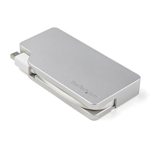 3-in-1 Mini DisplayPort adapter in aluminum, connects HDMI, VGA, DVI with 4K support, ideal for travel and BYOD use.