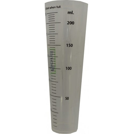 250 ml measuring cylinder made of durable polypropylene, featuring clear graduations for precise liquid measurements.