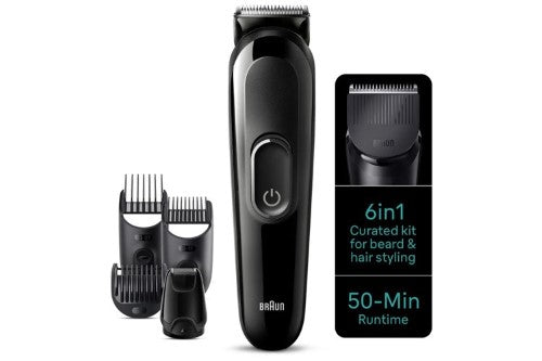 Braun 3 MGK3420 grooming kit with ultra-sharp blades for beard, hair, and body, featuring 50 minutes of cordless use.