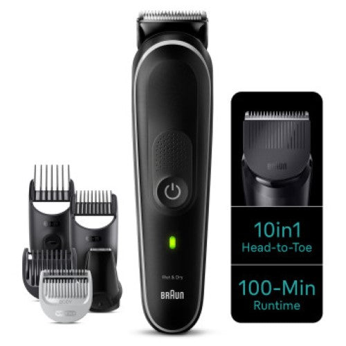 Braun MGK5440 10-in-1 Style Kit for versatile grooming, featuring sharp blades and 100-minute cordless runtime.