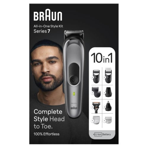 Braun MGK7420 10-in-1 Style Kit offers versatile grooming with sharp blades, multiple attachments, and waterproof design.