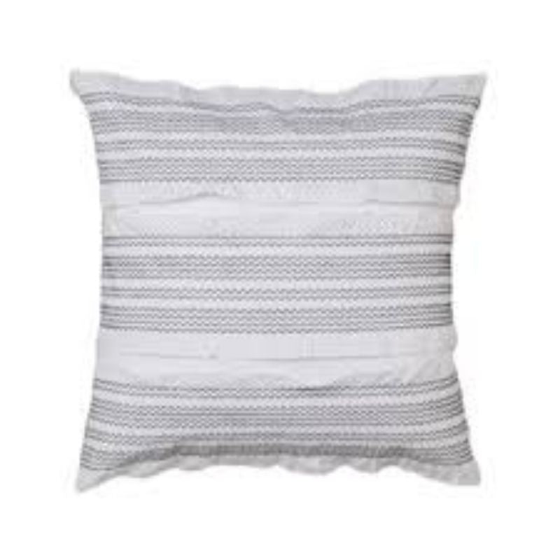 Elegant white European pillowcase with black zig-zag stitching and ruffles, perfect for enhancing bedroom decor.