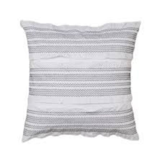 Elegant white European pillowcase with black zig-zag stitching and ruffles, perfect for enhancing bedroom decor.
