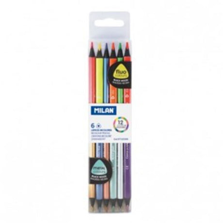 Milan Bicolour Pencils Fluo-Metal set of 6 with vibrant dual colors and metallic finish for artists and students.