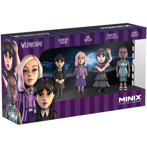 Collectible MINIX WEDNESDAY figurines featuring Wednesday, Enid, and Bianca, each 7cm tall, in a boxed set.