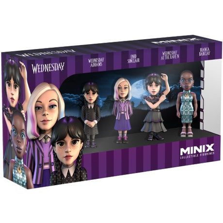 Collectible MINIX WEDNESDAY figurines featuring Wednesday, Enid, and Bianca, each 7cm tall, in a boxed set.