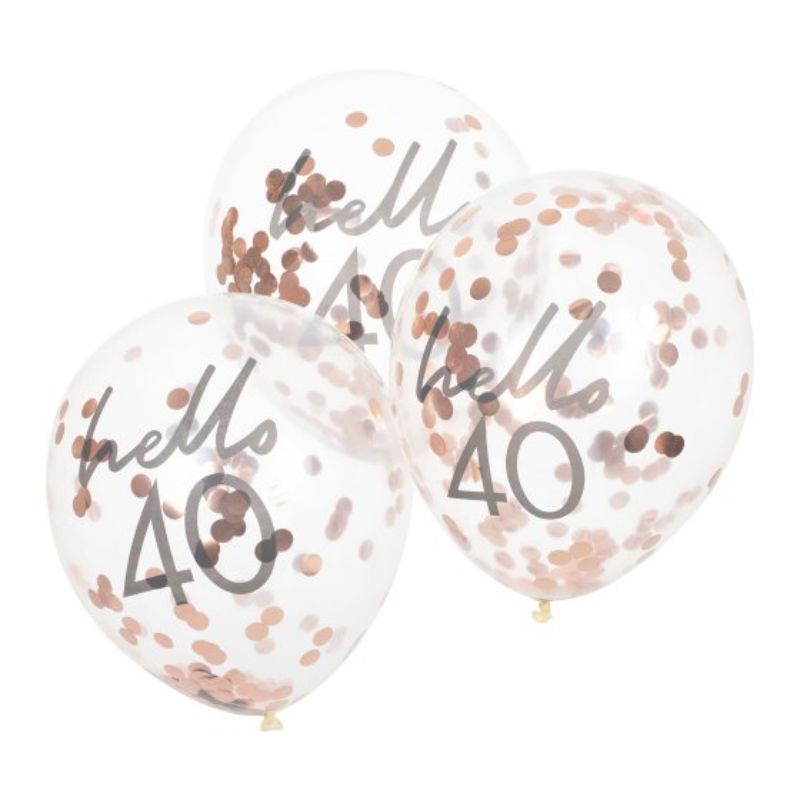 Pack of 5 rose gold confetti balloons for 40th birthday celebrations, 30cm, adds glamour to any party decor.