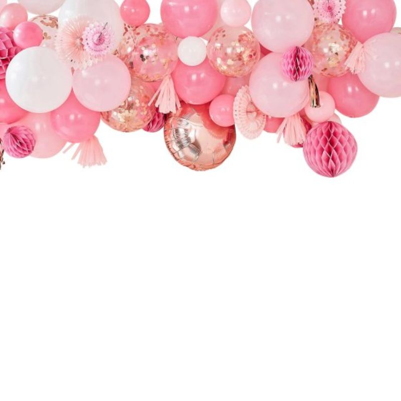 Blush and peach balloon and fan garland with confetti balloons, foil accents, honeycombs, and decorative tassels for celebrations.