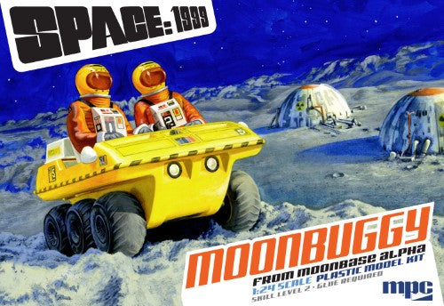 1/24 scale model kit of the Space 1999 Moonbuggy, featuring 46 detailed parts in vibrant yellow, perfect for collectors.