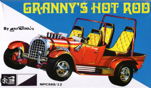 1/25 scale plastic model kit of Granny's Hot Rod by George Barris, featuring V-8 engine, custom seats, and chrome finish.