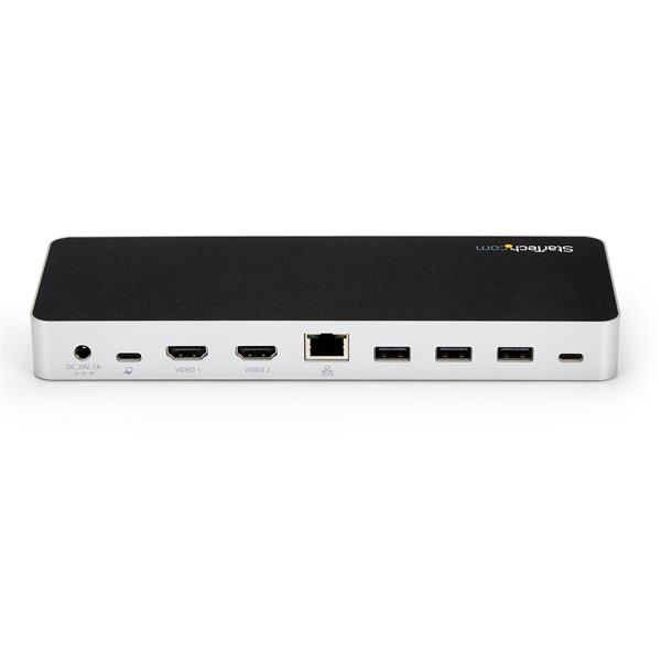 Dual Monitor USB C Docking Station with HDMI/DVI, 4K support, 60W charging, and five USB 3.0 ports for versatile connectivity.