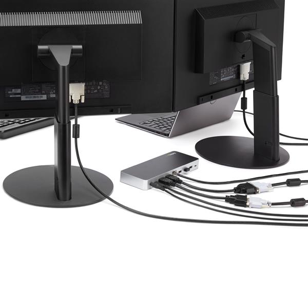 Dual Monitor USB C Docking Station for Windows with 4K support, HDMI/DVI ports, and 60W charging for laptops.