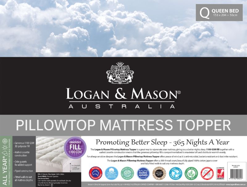 Logan & Mason Pillowtop Mattress Topper for queen beds with plush polyester fill and breathable cotton cover, enhancing sleep comfort.